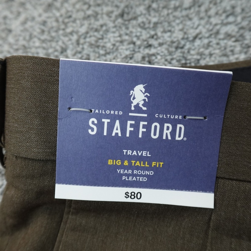 NEW Stafford Pants Mens 54X29 Brown Chino Trouser Pleated Cuffed Dress Slacks